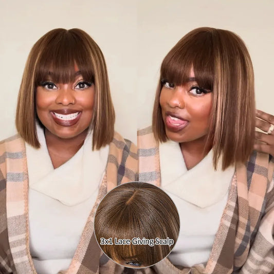 Put On and Go Ash Blonde Highlight Yaki Straight 3x1 Minimalist Lace Bob Wig With Bangs
