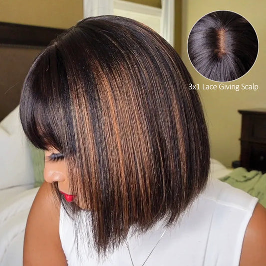 Put On and Go Black Brown Highlight Layered Cut Yaki Straight 3x1 Minimalist Lace Bob Wig With Bangs