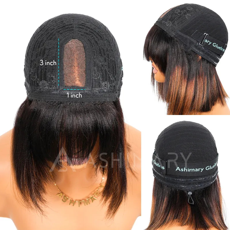 Pull Go 3x1 Minimal Lace Wig Pre-Cut Layers Mocha Brown Ombre Yaki Straight Bob Wig