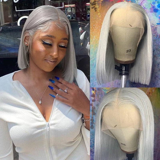 Silver Gray Short Bob Wig Transparent Lace Wig Human Hair