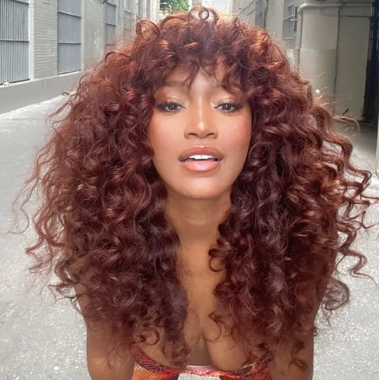 Reddish Brown Curly Wig with Full Bangs Machine Made Cost-effective Human Hair Wig 250% Density