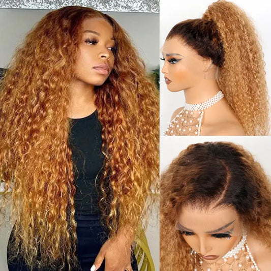 Extra 70% OFF | Water Wave Invisi Strap 360 Skin Lace Frontal Ombre Honey Blonde Wig With Chocolate Dark Roots Pre Everything Glueless Wig