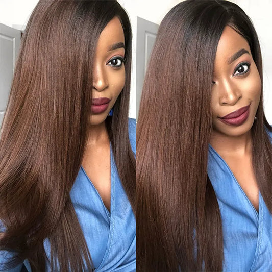 Yaki Straight Pull Go 13x6 Full Wig Transparent Lace Frontal Black to Brown Ombre Human Hair Wig Parting Max Glueless Wig