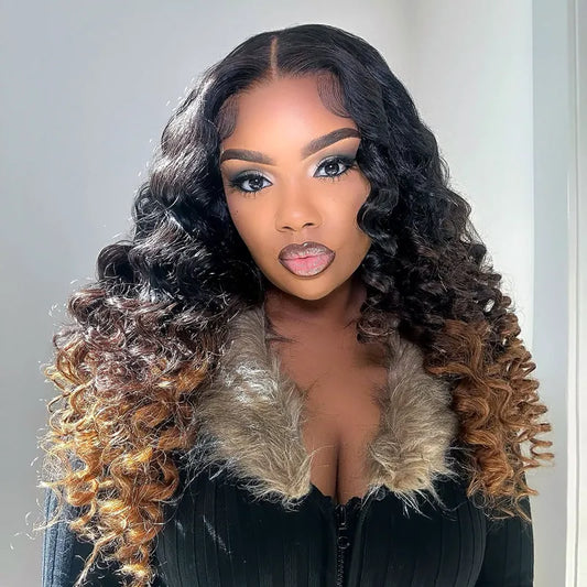 Black Brown Honey Blonde Ombre 360 Skin Lace Frontal with Invisi Strap Bouncy 3D Body Wave Pre Bleached Human Hair Wig