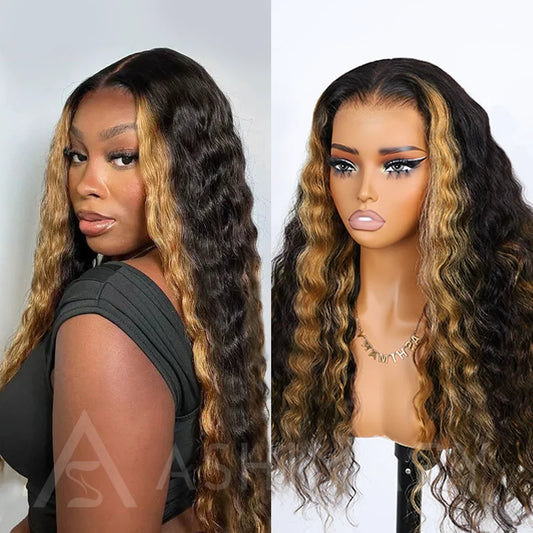 Honey Blonde Highlight with Skunk Stripe 13x4 Lace Frontal Volumized Loose Wave Human Hair Wig