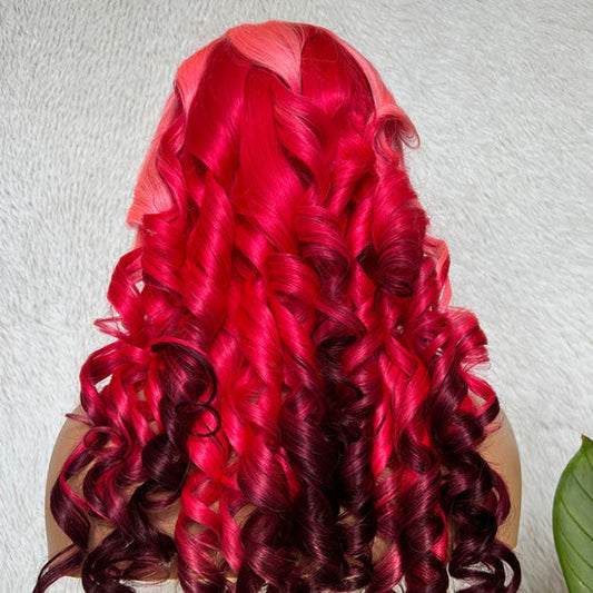 Pink Ombre Three Colors Body Wave Pull Go 13x4 Transparent Lace Frontal Wigs Human Hair