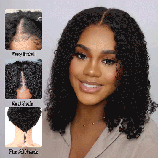 Pull Go Wig | Deep Wave Curly Glueless Bob V Part Wig Beginner Friendly Natural Scalp Thick Human Short Hair Ashimaryhair