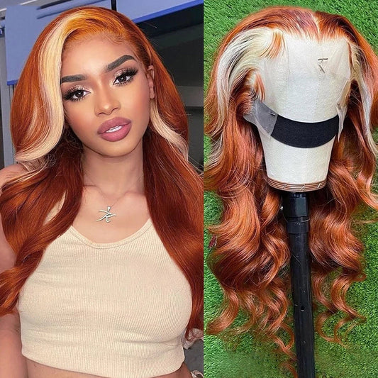 Ginger With Blonde Skunk Stripe Lace Front Wigs Body Wave Human Hair Wigs