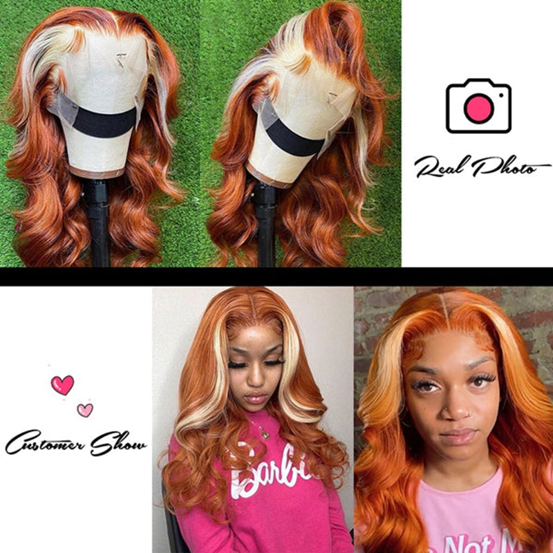 Ginger With Blonde Skunk Stripe Lace Front Wigs Body Wave Human Hair Wigs