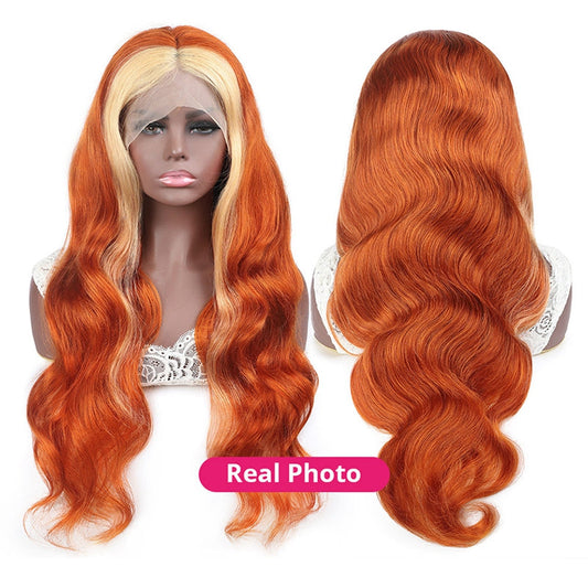 Ginger With Blonde Skunk Stripe Lace Front Wigs Body Wave Human Hair Wigs