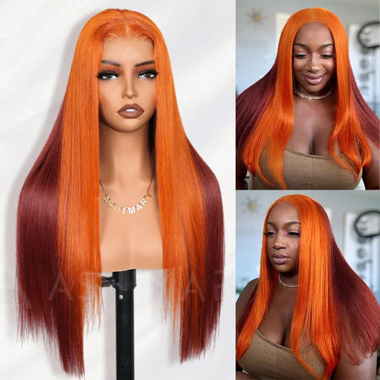 Ginger Burgundy Ombre Straight Wig 6x4.5 Transparent Glueless Lace Beginner Friendly 100% Human Hair