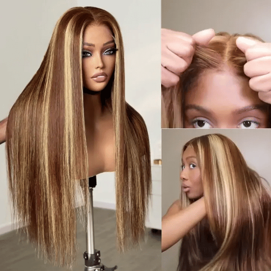 Pull Go 10x6 Lace Wig Honey Blonde Highlights on Brown Hair Straight Glueless Human Hair Wig