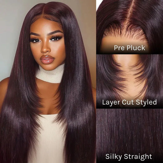 Salon Layered Cut Dark Plum Straight Wig Pull Go 13x4 Lace Tiny Knots Glueless Wig Siuts All Heads