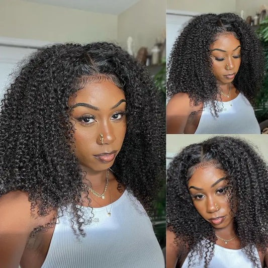Precut Glueless Wear & Go Kinky Curly Invisible HD Lace Closure Bob Ready To Wear Wig with Pre Plucked Hairline & Bleached Knots