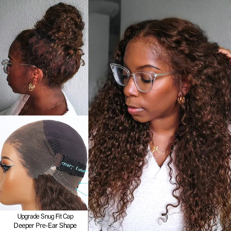 BOGO Invisi Strap Snug Fit 360 SKin Lace Chocolate Brown Water Wave Bleached Knots Glueless Lace Wig