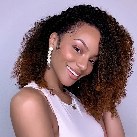 Black Brown Ombre Kinky Curly Half Wig With Drawstring Glueless Wear Go 3 in 1 Wig Beginner Friendly