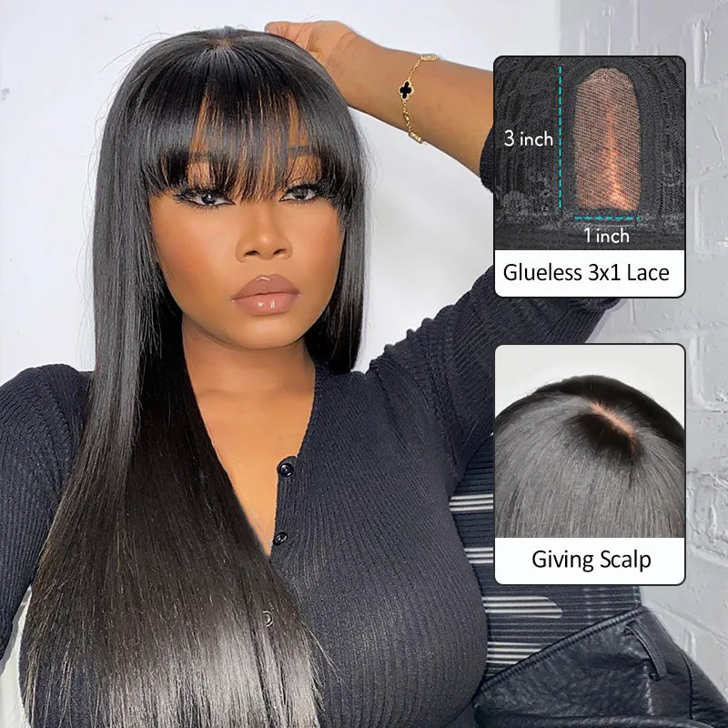 Pull Go 3x1 Lace Double Drawn Bob Wig True Scalp Bang Wig Bone Straight Silky Glueless High Density Human Hair