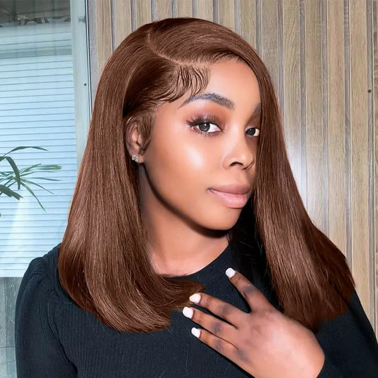 Double Drawn High Density Pull Go 13x4 Lace Bob Wig Rich Brown Bone Straight Lace Frontal Wig