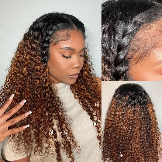 Glueless 360 Invisi Strap Upgrade Cap Lace Frontal Wig Brown Ombre With Black Roots Water Wave With Pre-Bleached Seamless Knots