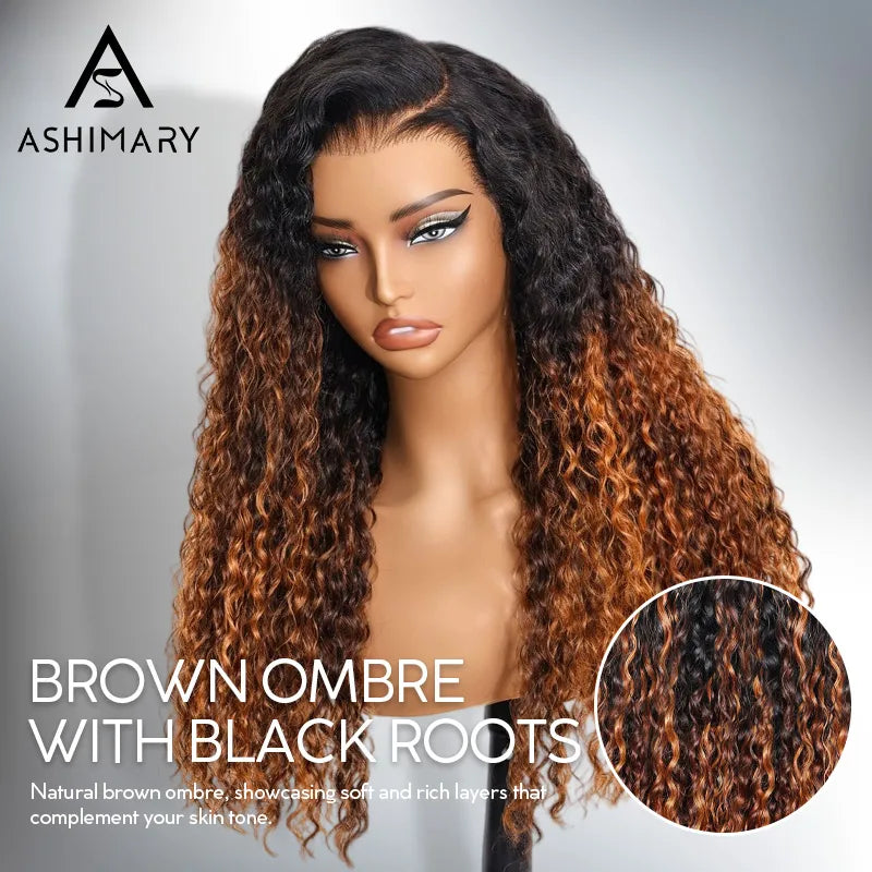 Glueless 360 Invisi Strap Upgrade Cap Lace Frontal Wig Brown Ombre With Black Roots Water Wave With Pre-Bleached Seamless Knots