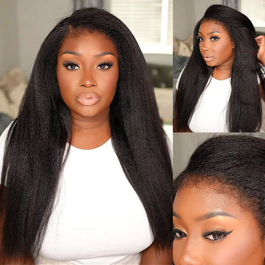 6x4.5 Lace Closure Kinky Straight Wig with Kinky Baby Hair for Black Women Glueless Natural Newborn Hairline Blend Beginner Friendly Wig
