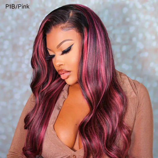 Pink Highlight 99J Highlight Piano Color Straight Wig Highlights on Black Hair