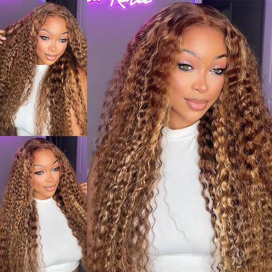 Honey Blonde Highlight Water Wave Pull Go 13x6 Full Skin Lace Wig Tiny Knots Glueless Wig
