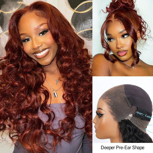 Extra 70% OFF | Reddish Brown 3D Body Wave Invisi Strap Laid Flat 360 Skin Lace Frontal Pre-Bleached Knots Put On & Go Wig