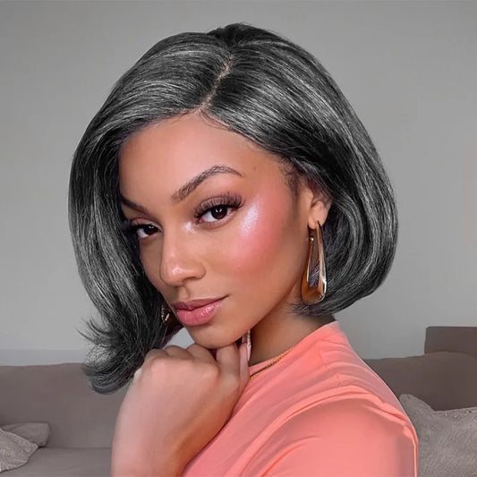 Salt and Pepper Pre-Styled Layered Cut Short Bob Wig Blowout Hairstyle Human Hair Wig