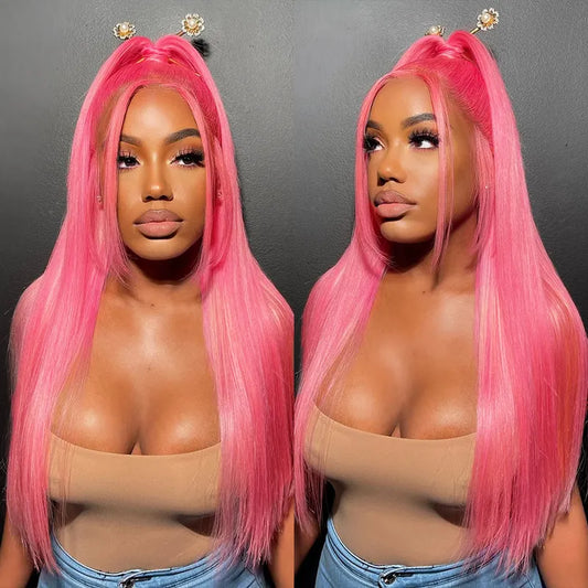 Pink Wig 13*4 Transparent Lace Frontal Wig 5*5 Lace Closure Bone Straight Wig Ashimary Human Hair