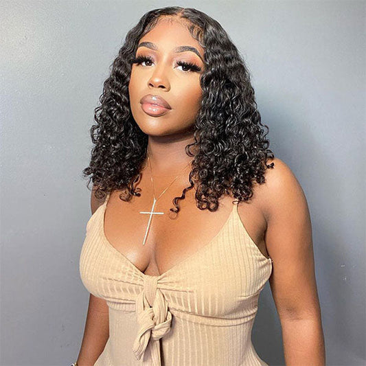 Bohemian Curly Wear And Go Water Wave HD Transparent Lace Closure Bob Wig With Pre-cut lace & Bleached Knots