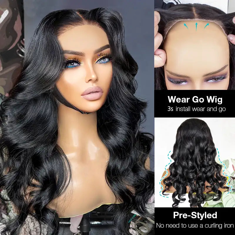 Ready to Wear & Go Pre Cut Upgraded Crystal Lace Glueless Body Wave Human Hair Wigs with Pre Plucked Hairline & Bleached Knots
