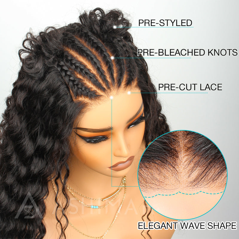 Micro French Braids 5x5 Pre-Cut Lace Deep Wave Human Hair Wig Natural Color