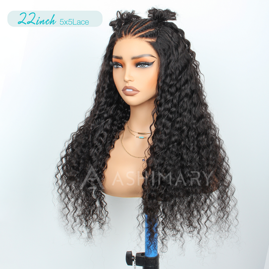 Micro French Braids 5x5 Pre-Cut Lace Deep Wave Human Hair Wig Natural Color