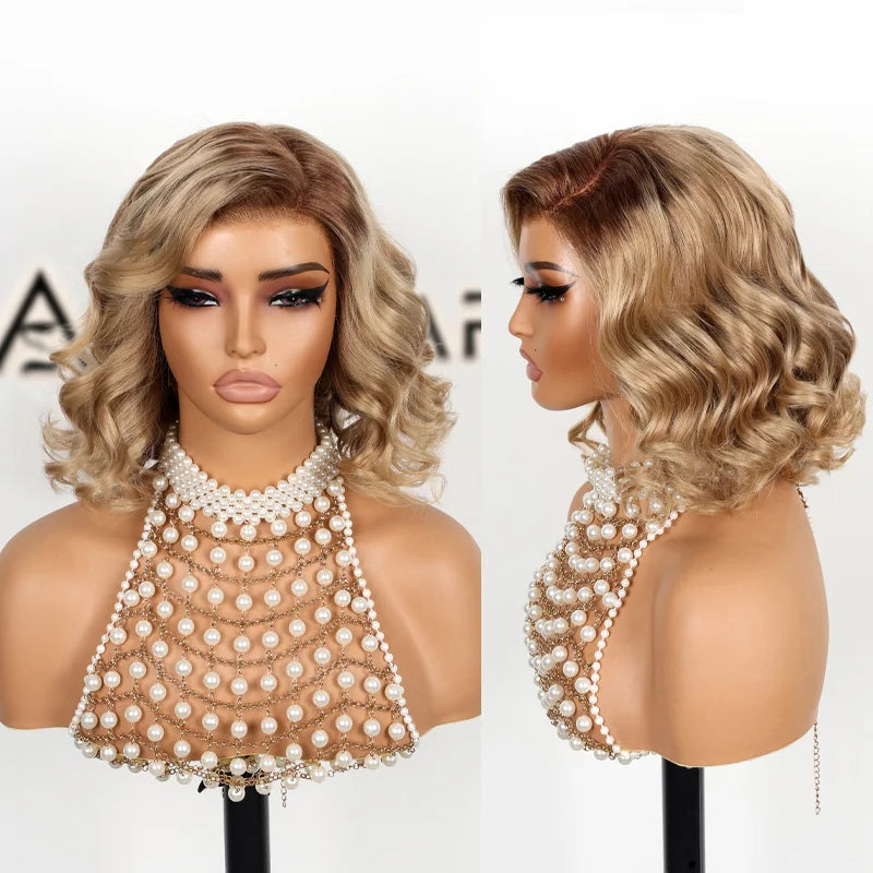 Straight Bob Ash Blonde with Dark Root 13x4 Transparent Lace Frontal Ready to Go Glueless Wig