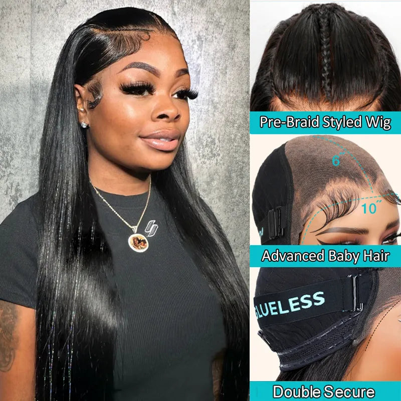 Pre-Braided Glueless Put On & Go 10x6 Parting Max Lace Frontal Wig Advance Baby Hair Pre-Everything Human Hair Braids Straight Hairstyle