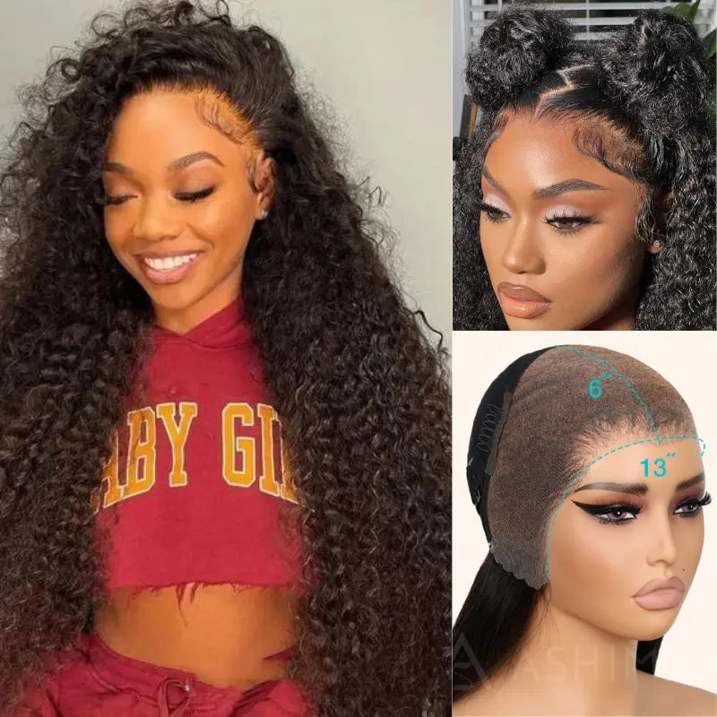 Ashimary Pull Go 13x6 Full Wig Transparent Lace Front Wig Natural Black Color Jerry Curly Hair