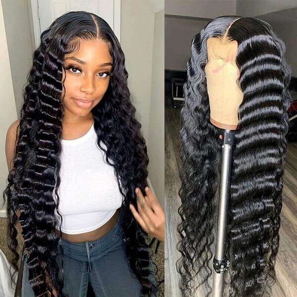 Pull Go 13x6 Full Wig Transparent Glueless Lace Loose Deep Wave Wig Natural Black Color