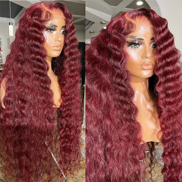 13*4 13*6 Loose Deep Wave 99J Burgundy Curly Wig Frontal Wigs Ashimary Virgin Hair Front Wigs