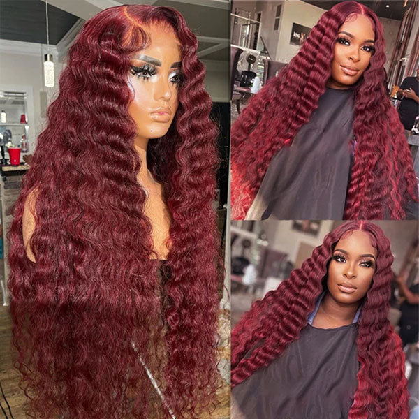 13*4 13*6 Loose Deep Wave 99J Burgundy Curly Wig Frontal Wigs Ashimary Virgin Hair Front Wigs