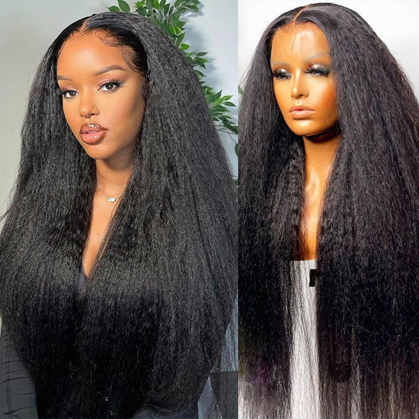Pull Go 13x6 Full Wig Transparent Lace Kinky Straight Wig Natural Black Color