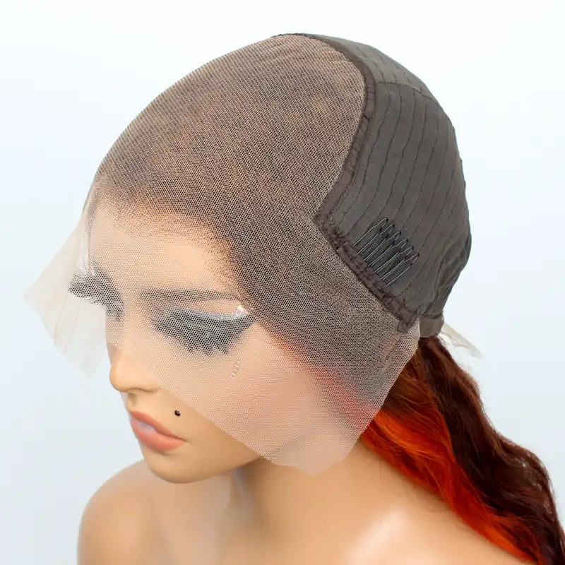 Ginger Orange Highlight Skunk Stripe on Chocolate Brown Hair 13x4 13x6 Ombre Lace Front Wigs