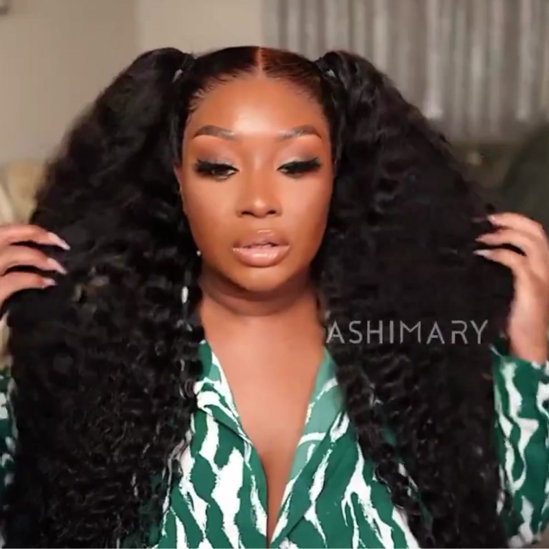 Pull Go 13x6 Full Wig Deep Wave Transparent Lace Frontal Wig Natural Black Color