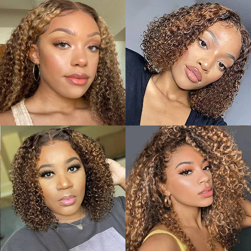 Fabulous Highlight Jerry Curly Short Bob 13*4 & 4*4 & 5*5 Transparent Lace Wig