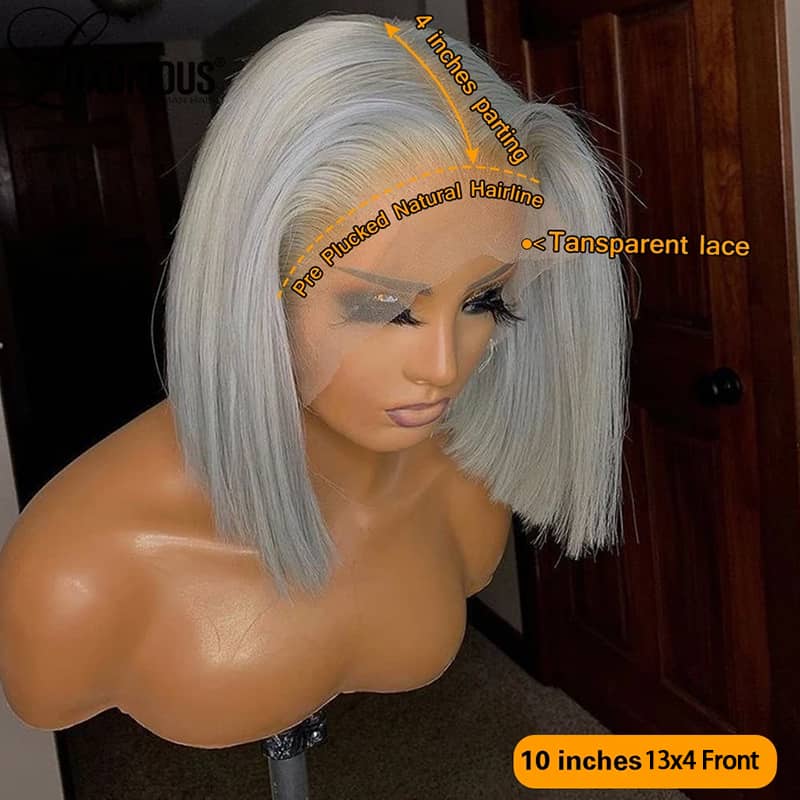 Silver Gray Short Bob Wig Transparent Lace Wig Human Hair