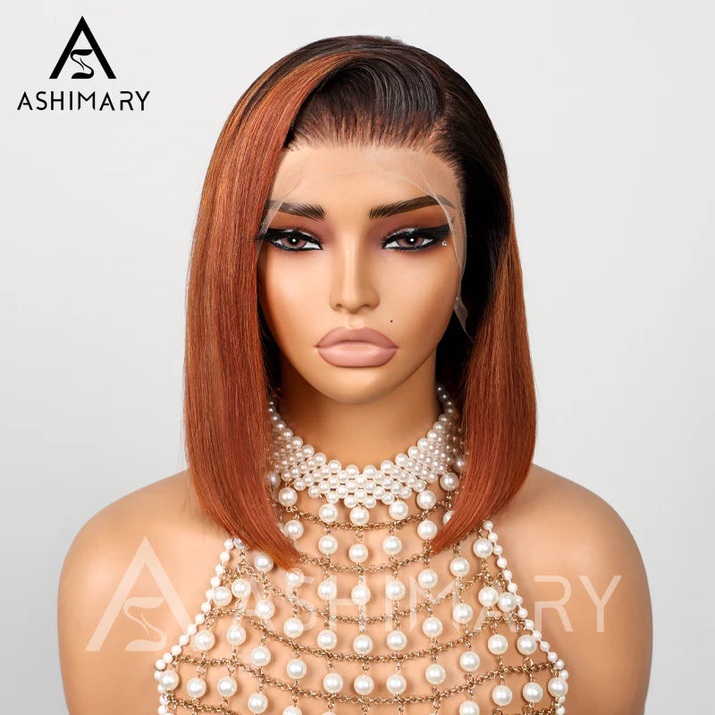 Pull Go 13x4 Lace Wig Ginger Ombre Silky Blunt Cut Glueless Bob Wig