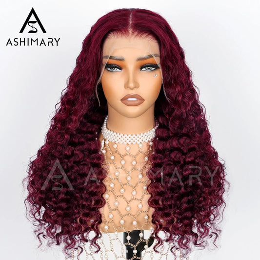 13*4 13*6 Deep Wave 99J Burgundy Curly Wig Frontal Wigs Ashimary Virgin Hair Front Wigs