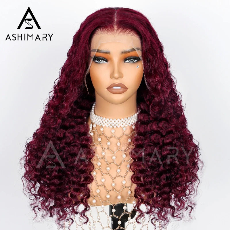 13*4 13*6 Deep Wave 99J Burgundy Curly Wig Frontal Wigs Ashimary Virgin Hair Front Wigs
