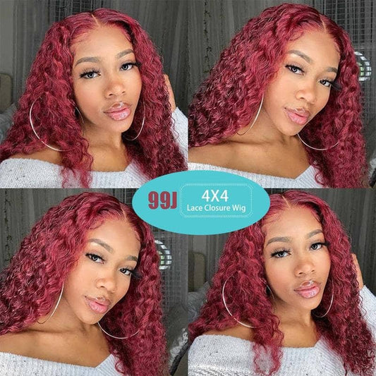 Burgundy Color Deep Wave Short Bob Wig 99J Transparent lace Wig 180%