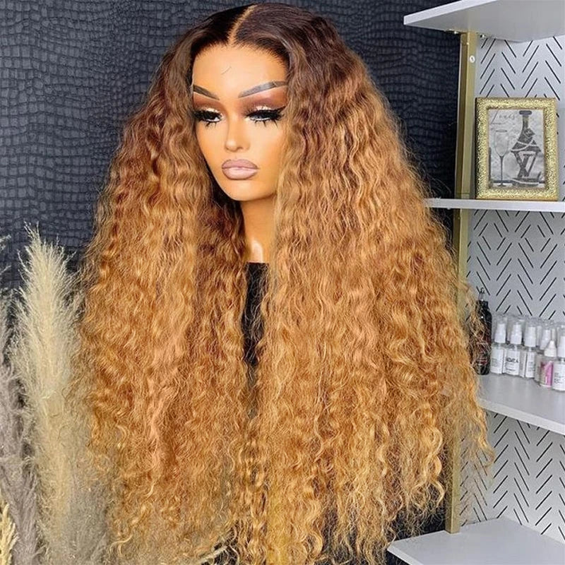 Ombre Honey Blonde Water Wave Lace Wig With Chocolate Dark Roots Pre Everything Glueless Wig